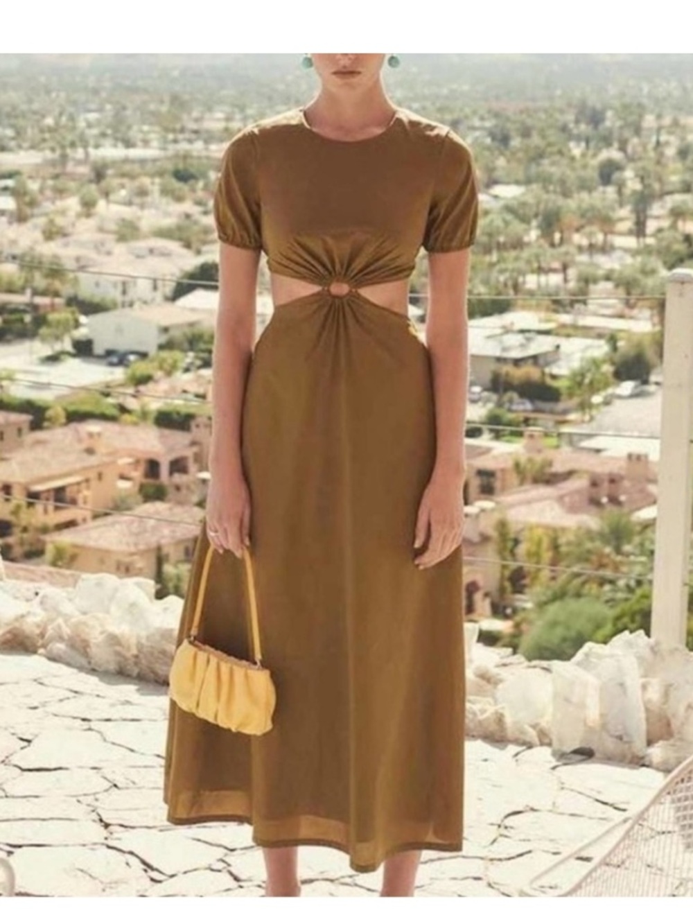 Staud Calypso Short Puff Sleeve Cutout Ruched Ring Maxi Dress
Caper Green Sz XS